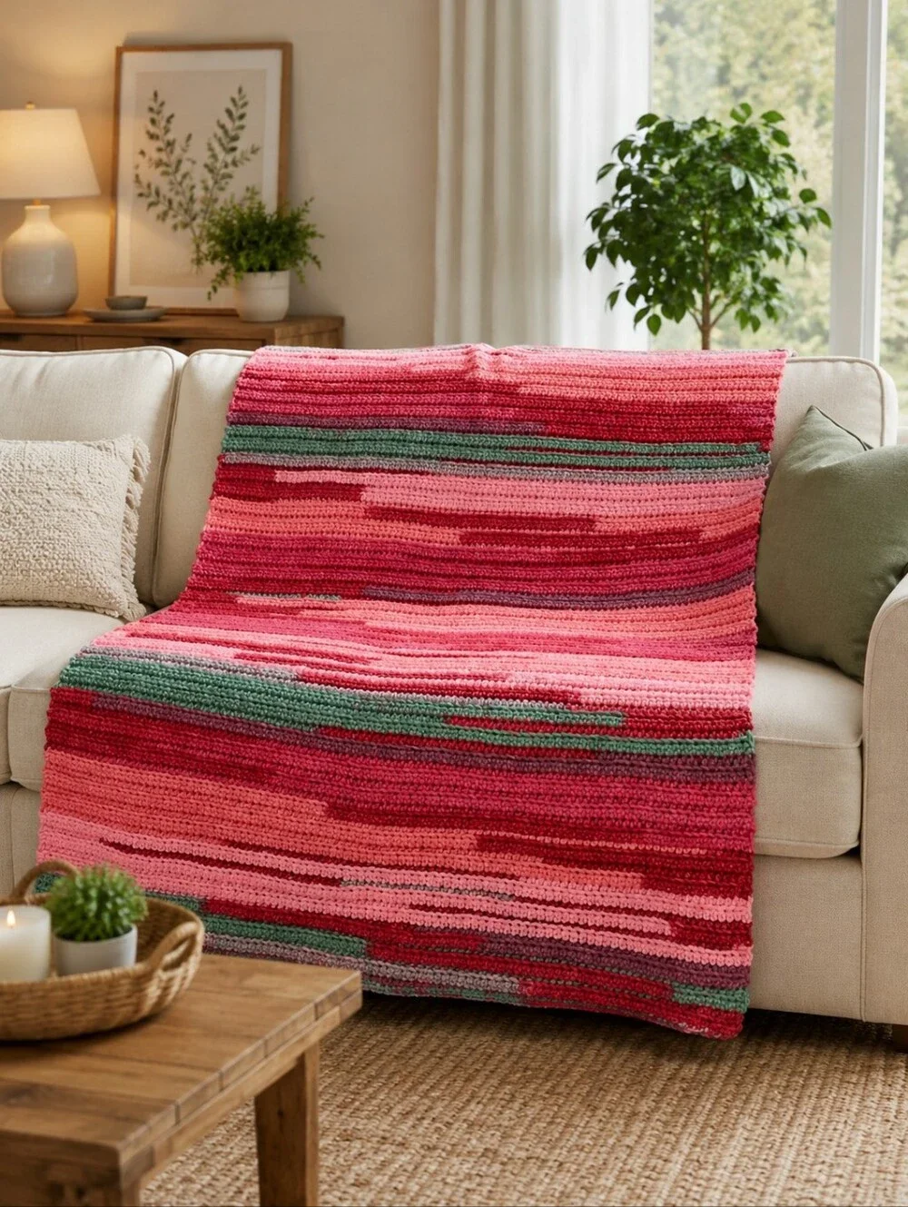 Handmade Caron Anniversary Cakes Afghan Multicolor Striped Throw Blanket - New